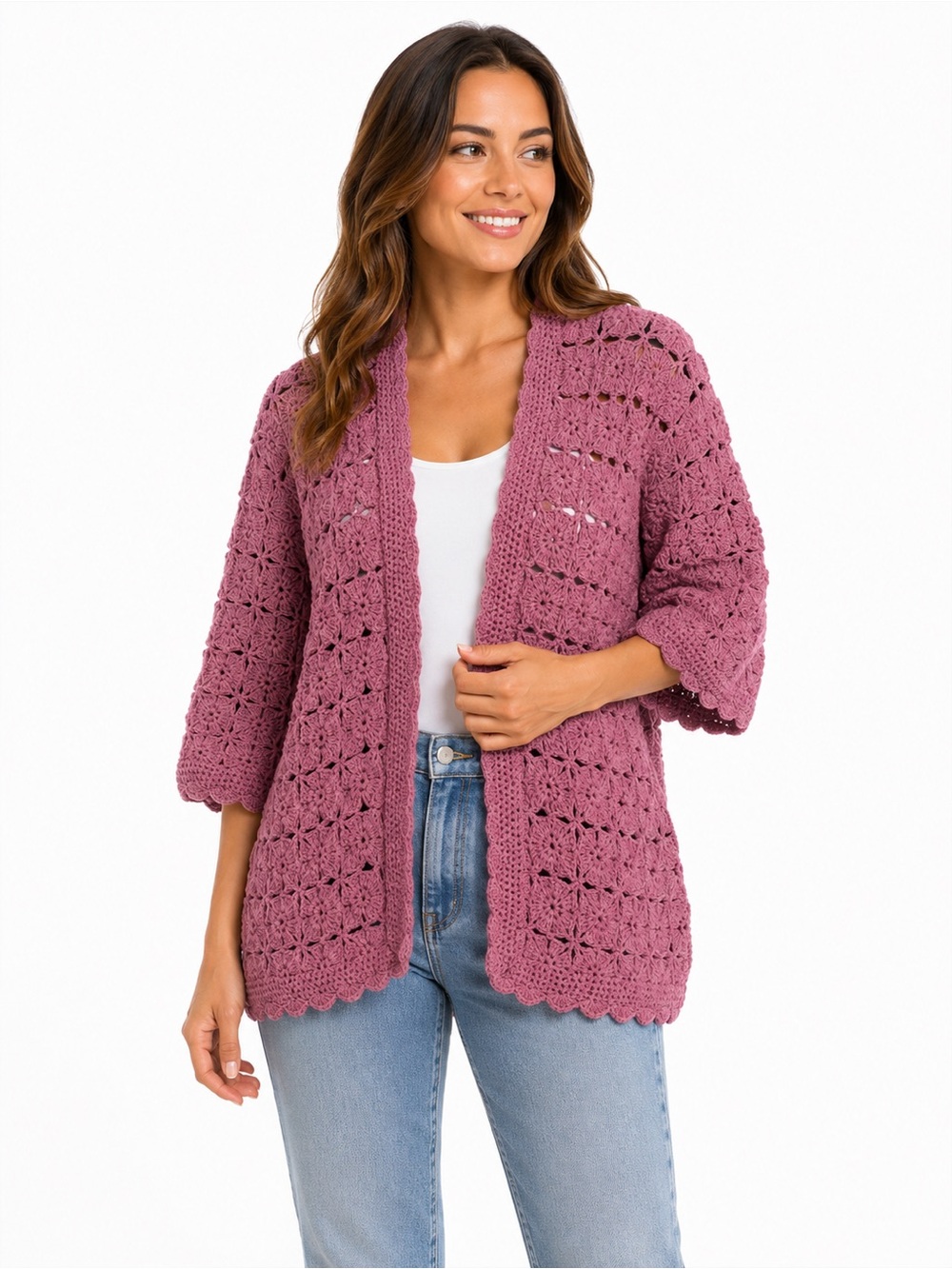 Open-Front Pink Crochet Knit Women's Sweater